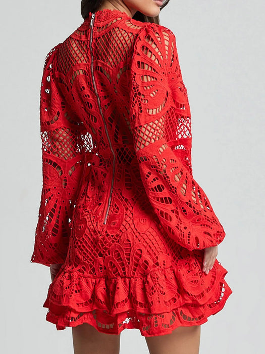 Lace Crochet Long Sleeve Mini Dress - Byyde