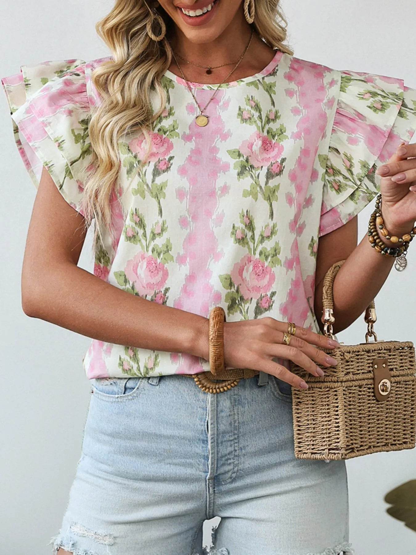 Floral Print Ruffled Sleeve Blouse - Byyde
