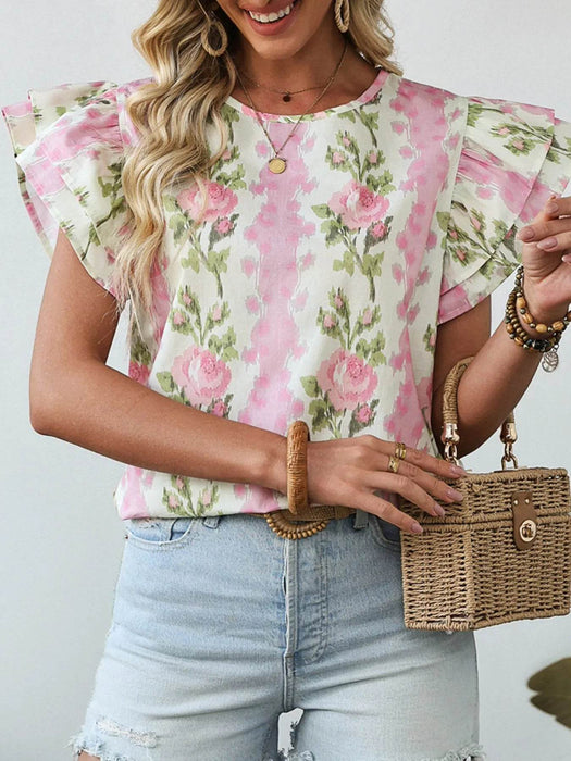 Floral Print Ruffled Sleeve Blouse - Byyde
