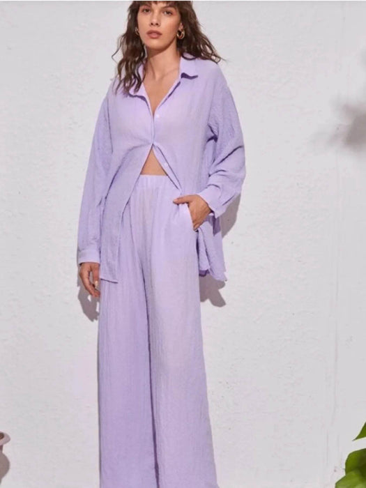 Button Up Long Sleeve Shirt and Pants Set - Byyde