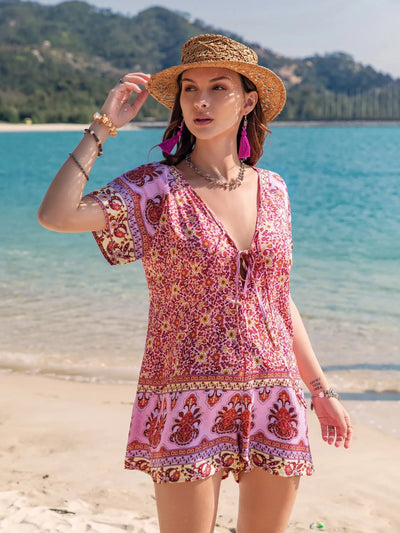 Printed V-Neck Short Sleeve Romper - Byyde