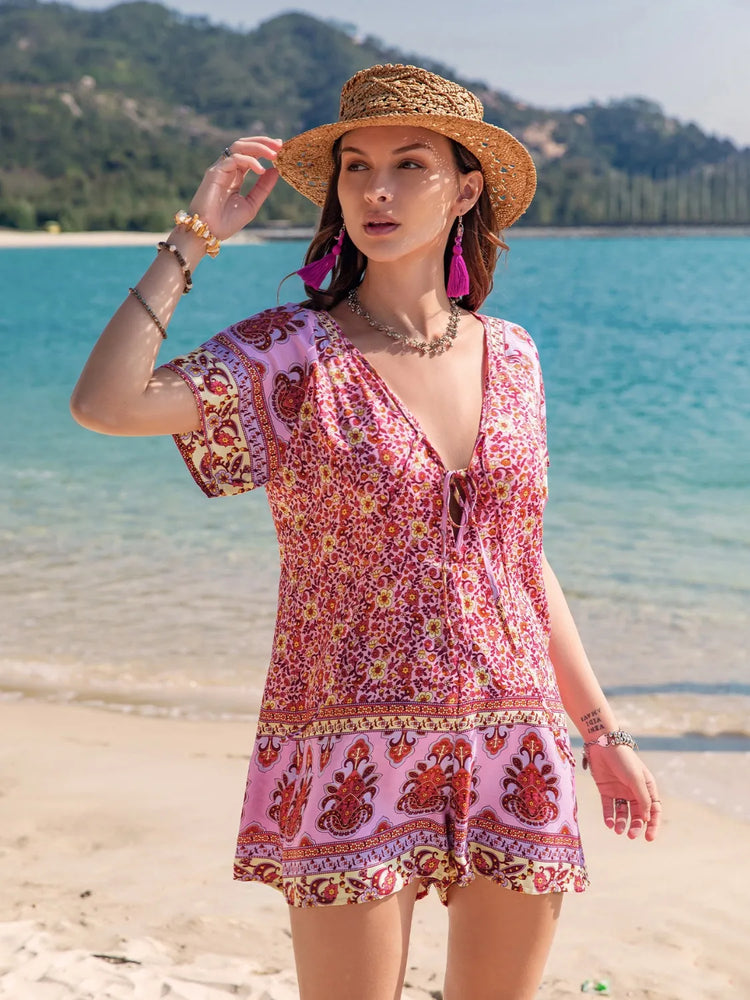 Printed V-Neck Short Sleeve Romper - Byyde
