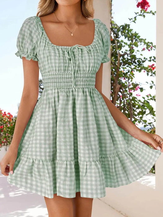 Gingham Smocked Puff Sleeve Summer Dress - Byyde