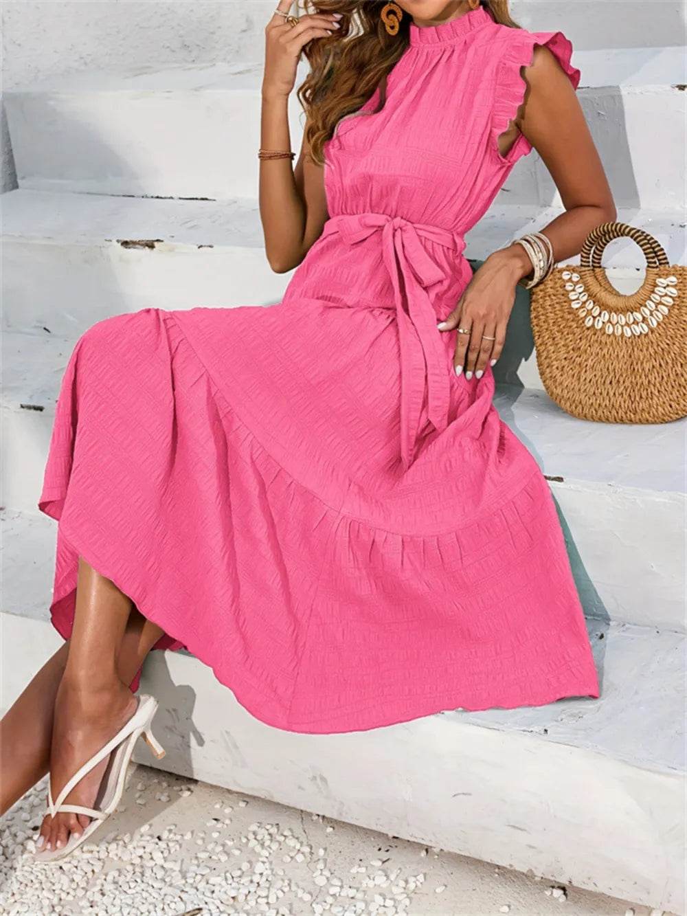 Frill Mock Neck Ruffled Cap Sleeve Midi Dress - Byyde