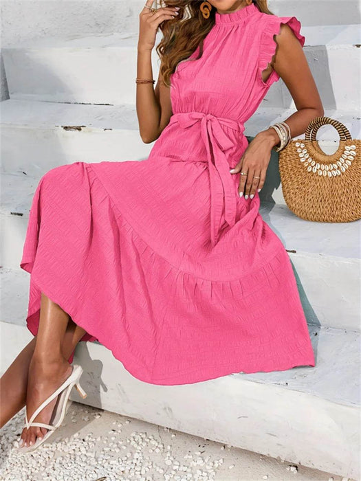 Frill Mock Neck Ruffled Cap Sleeve Midi Dress - Byyde