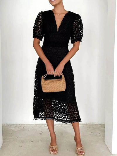 Eyelet Lace V-Neck Midi Dress with Puff Sleeves - Byyde