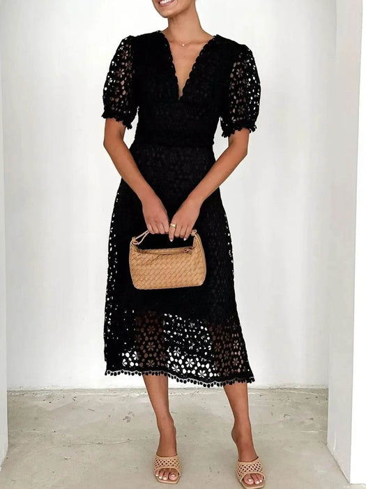 Eyelet Lace V-Neck Midi Dress with Puff Sleeves - Byyde