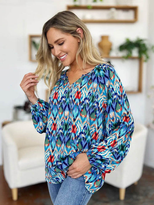 Double Take Full Size Printed Balloon Sleeve Blouse - Byyde