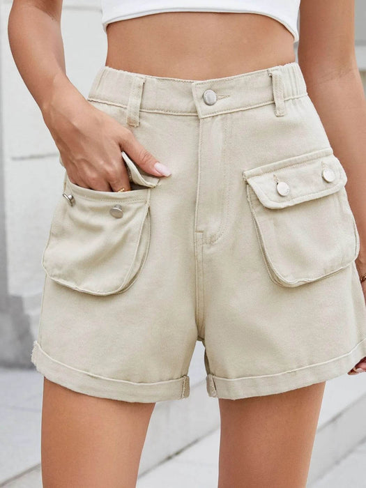 High Waist Cargo Denim Shorts with Multi Pockets - Byyde