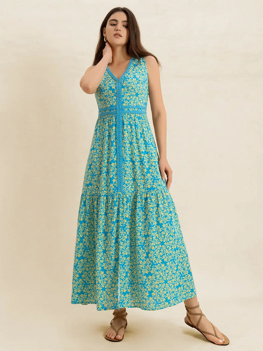 Slit Printed V-Neck Sleeveless Dress - Byyde