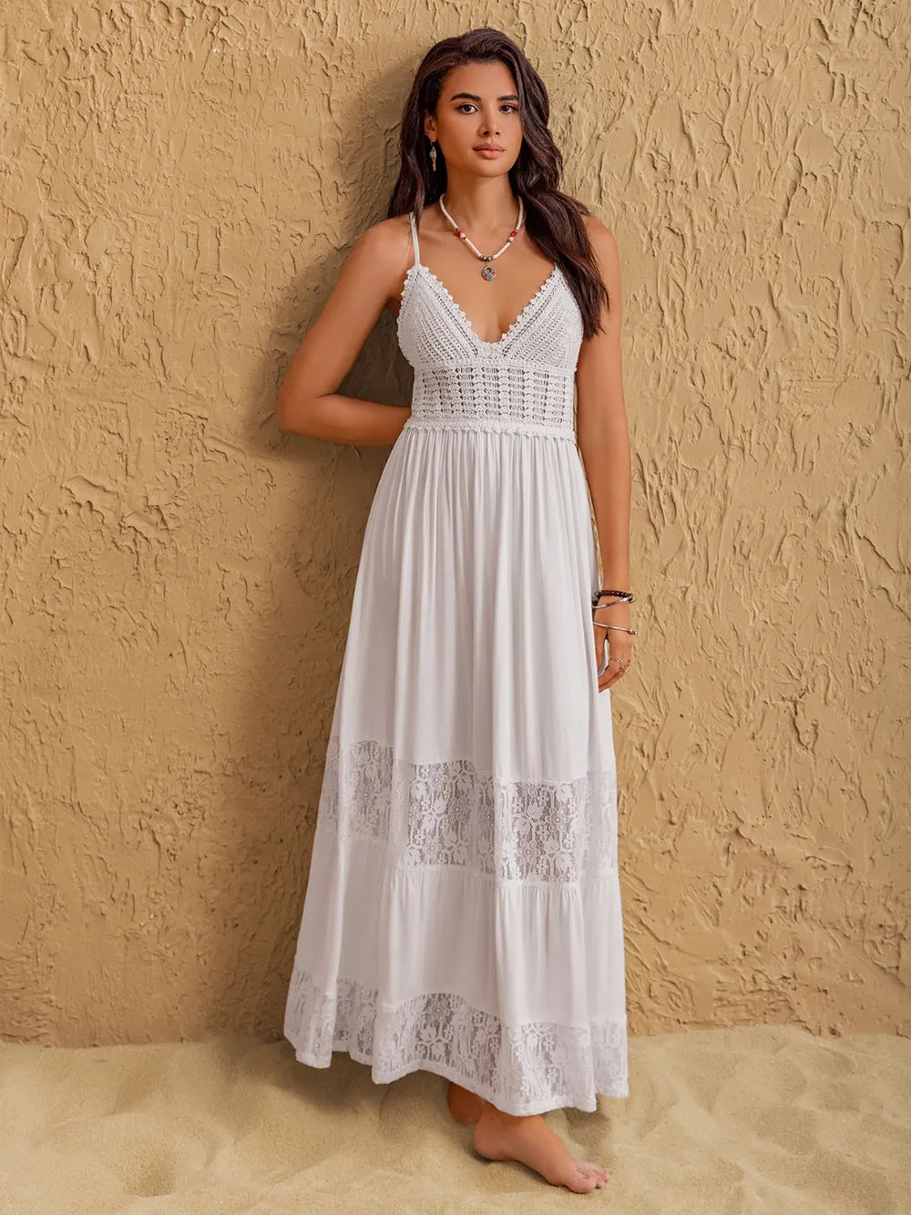 Lace Detail Crochet Tiered Maxi Cami Dress - Byyde