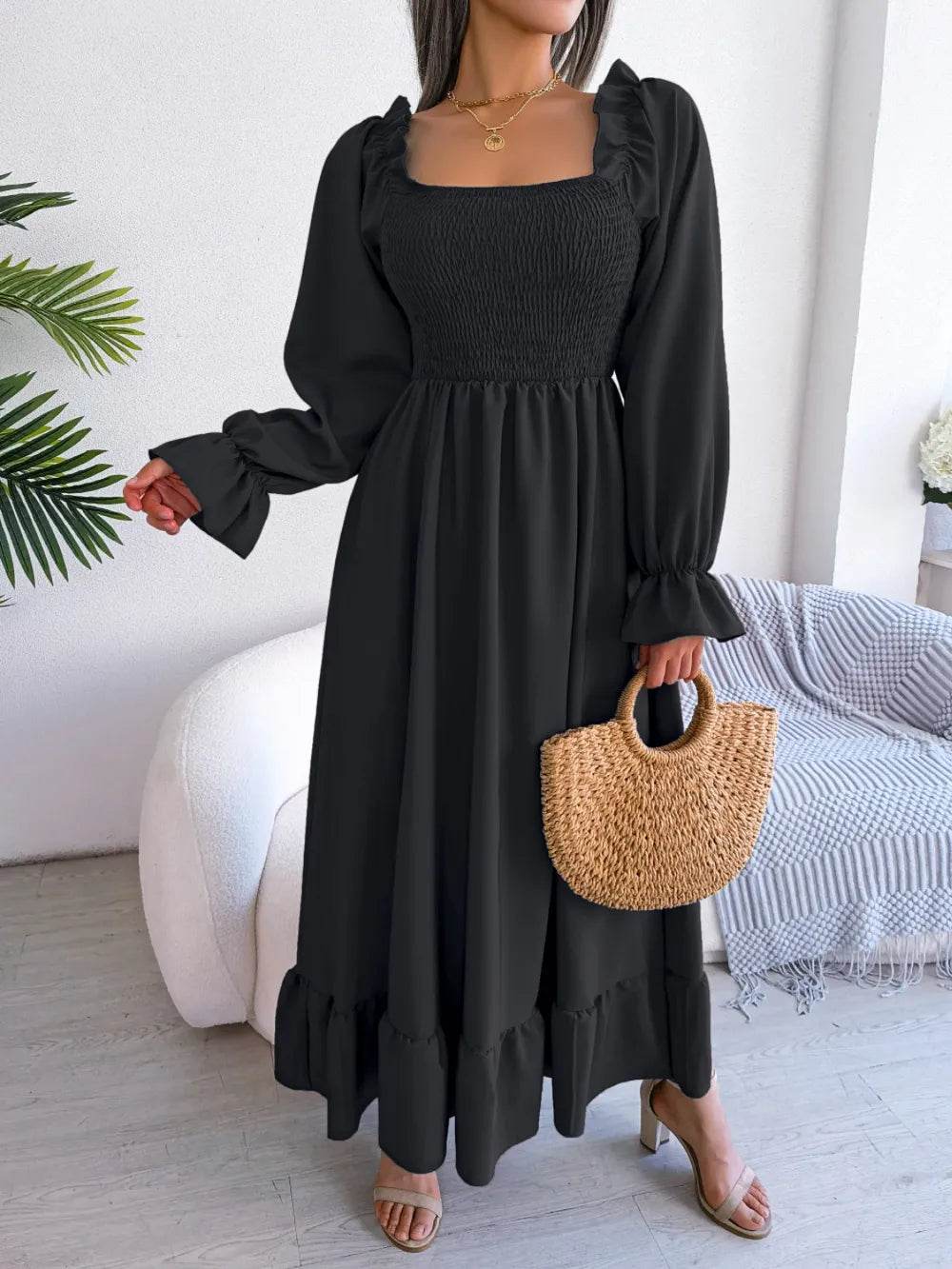 Smocked Square Neck Flounce Sleeve Dress - Byyde