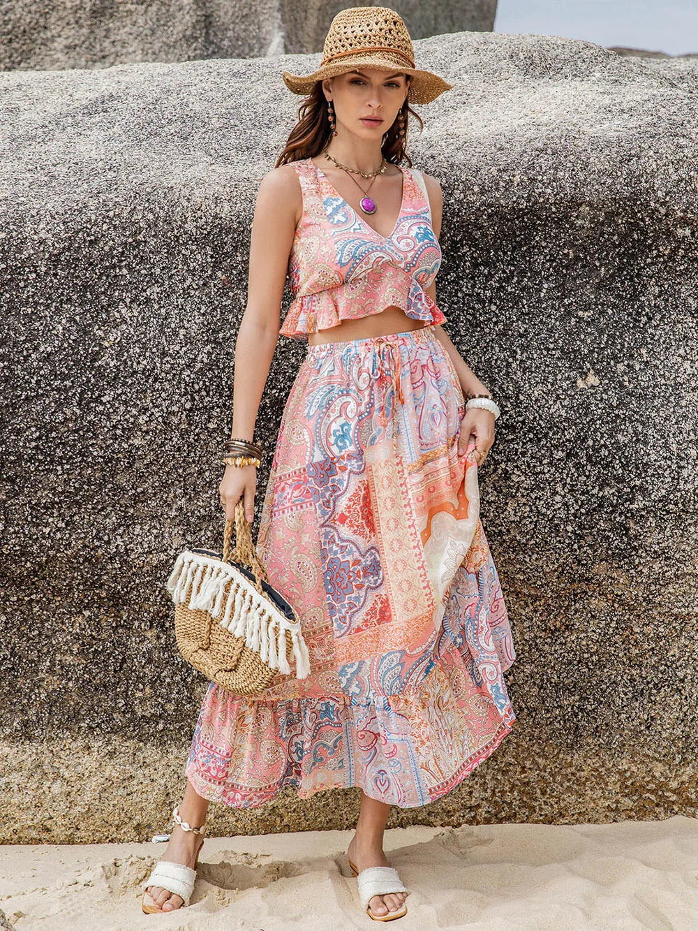 Printed V-Neck Top and Midi Skirt Set - Byyde