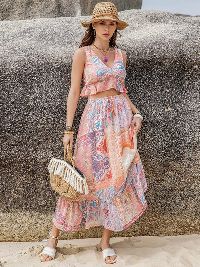 Printed V-Neck Top and Midi Skirt Set - Byyde