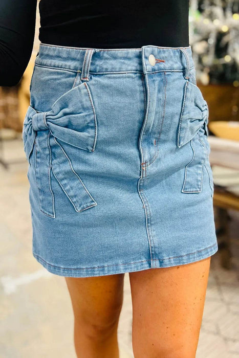 Acid Wash Bowknot Details High Waist Denim Skirt - Byyde