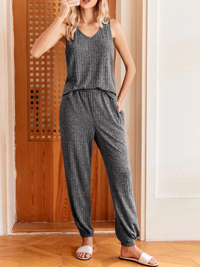 Ribbed Knit V-Neck Tank and Pants Lounge Set - Byyde