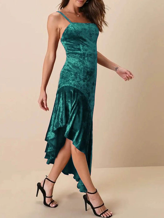 Asymmetrical Velvet Cami Dress with Ruffle Hem - Byyde