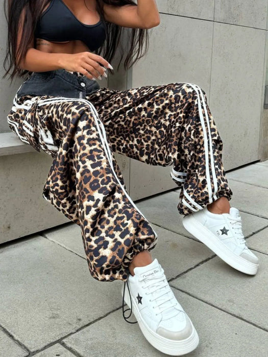 Leopard Print Wide Leg Pants with Side Stripe Detail - Byyde