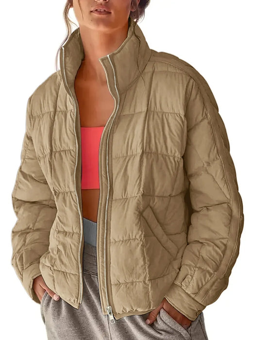 Pocketed Plaid Quilted Zip Up Winter Coat - Byyde