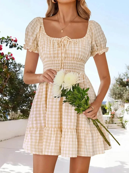 Gingham Smocked Puff Sleeve Summer Dress - Byyde