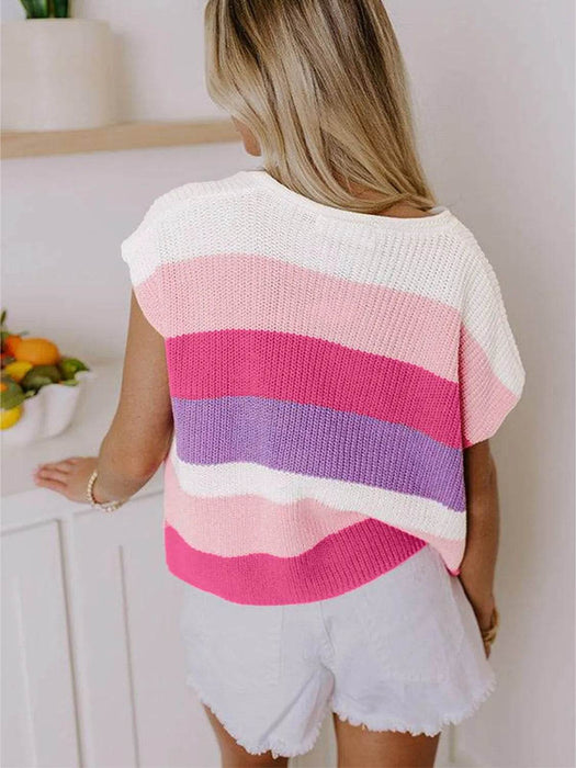 Color Block Notched Short Sleeve Knit Top - Byyde