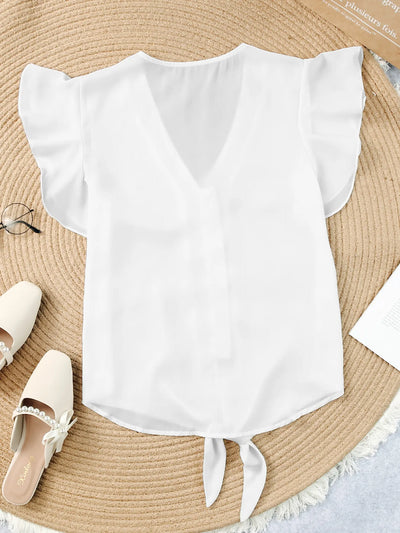 V-Neck Tie-Front Flutter Sleeve Blouse - Byyde