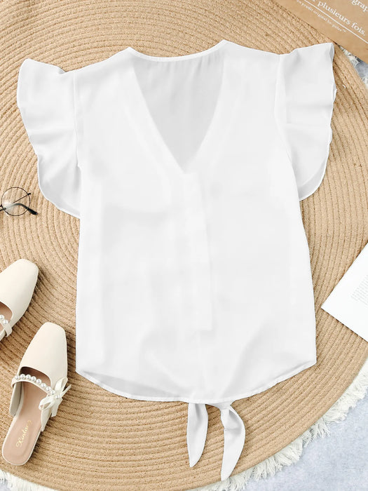 V-Neck Tie-Front Flutter Sleeve Blouse - Byyde