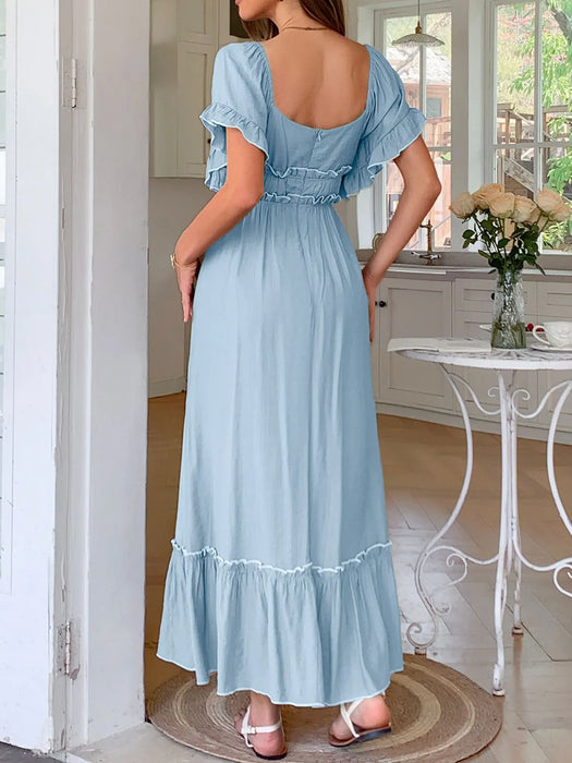 Square Neck Puff Sleeve Ruffle Trim Maxi Dress - Byyde