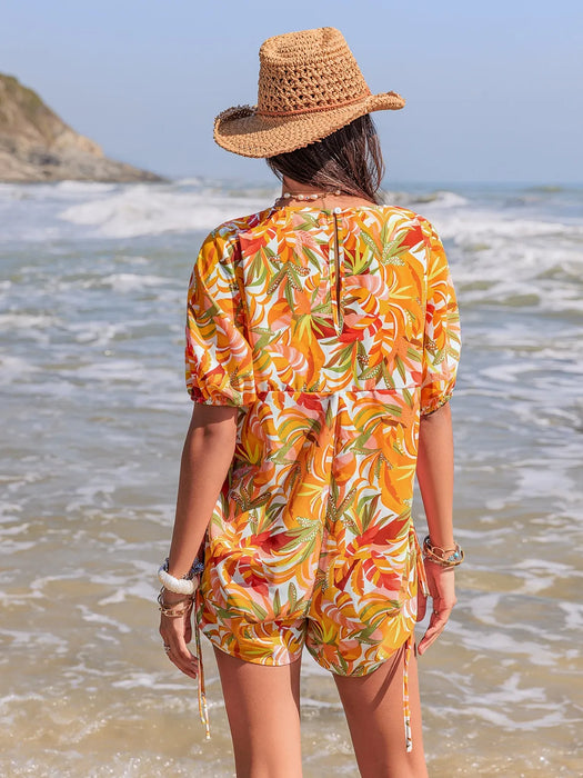 Smocked Printed Tie Neck Romper - Byyde