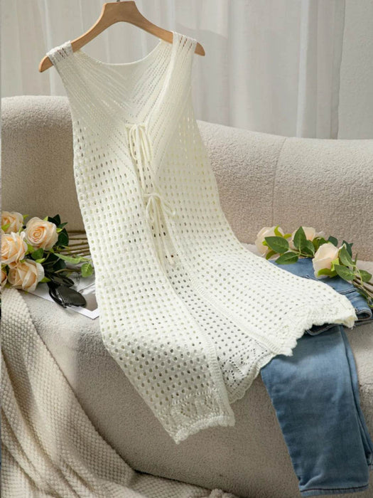 Front Tie Crochet Sleeveless Longline Cardigan - Byyde