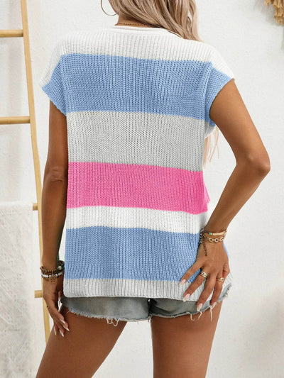 Color Block Notched Short Sleeve Knit Top - Byyde