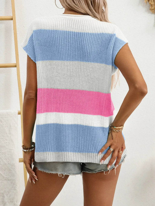 Color Block Notched Short Sleeve Knit Top - Byyde