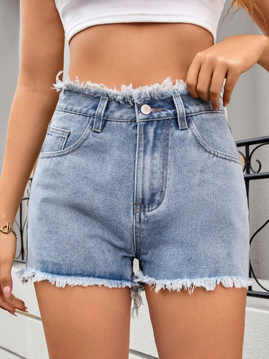 Washed Raw Hem Denim Shorts - Byyde