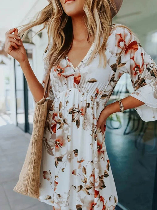 Floral V-Neck Three-Quarter Sleeve Mini Dress - Byyde