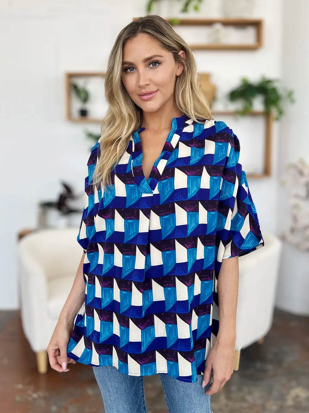 Double Take Full Size Geometric Notched Half Sleeve Blouse - Byyde