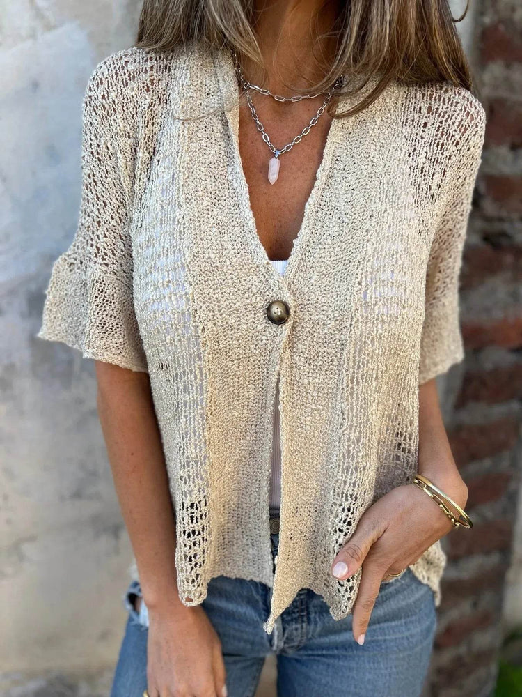Full Size One Button Openwork Cardigan Plus Size - Byyde
