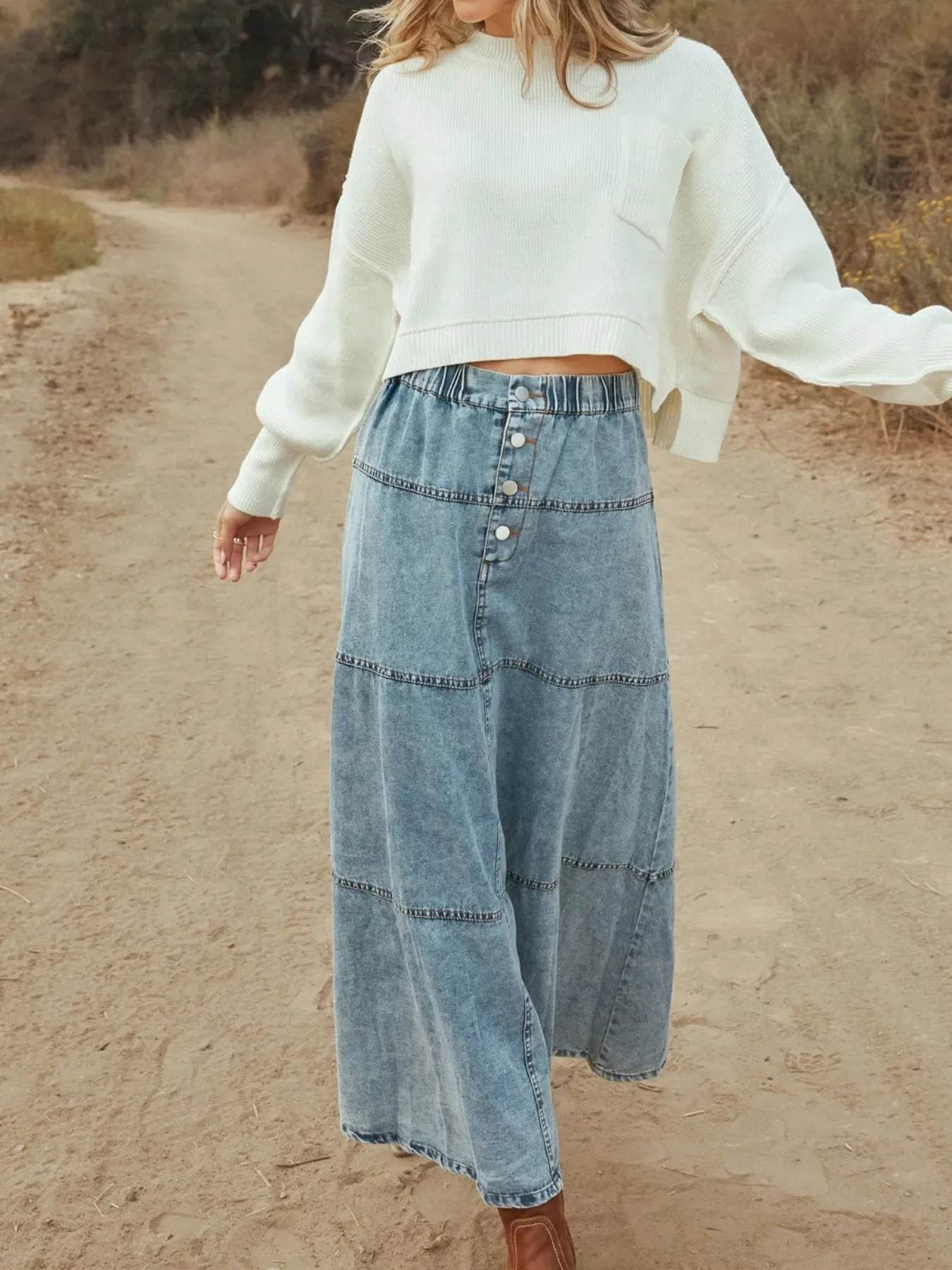 Button-Front Tiered Maxi Denim Skirt - Byyde