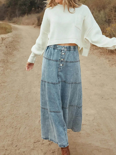 Button-Front Tiered Maxi Denim Skirt - Byyde