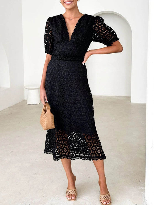 Eyelet Lace V-Neck Midi Dress with Puff Sleeves - Byyde