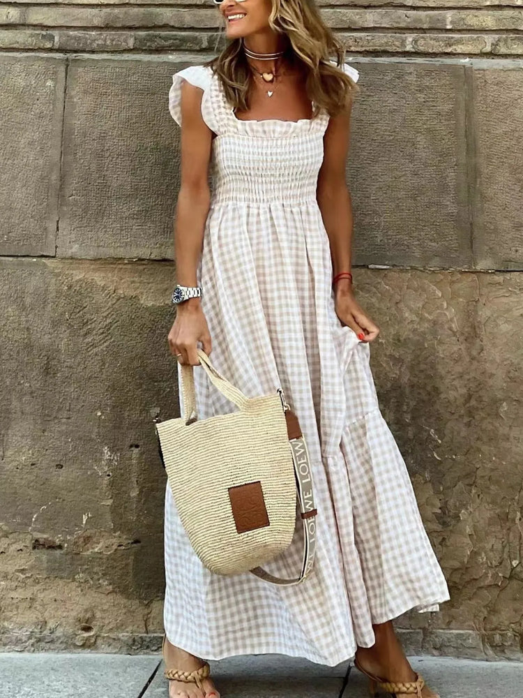 Smocked Gingham Maxi Dress with Ruffle Straps - Byyde