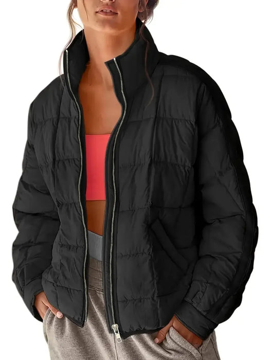 Pocketed Plaid Quilted Zip Up Winter Coat - Byyde