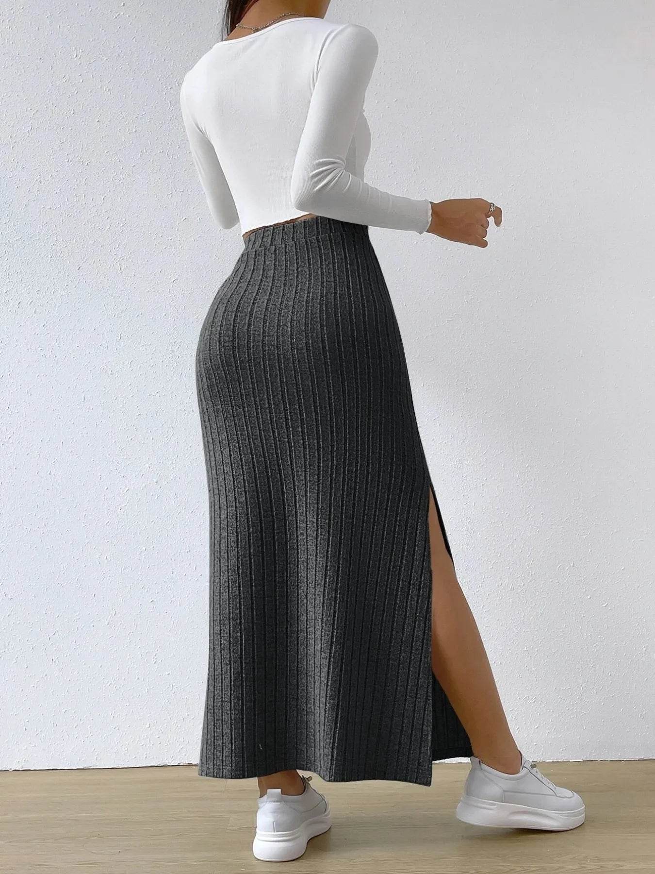 High Waist Ribbed Knit Maxi Skirt - Byyde