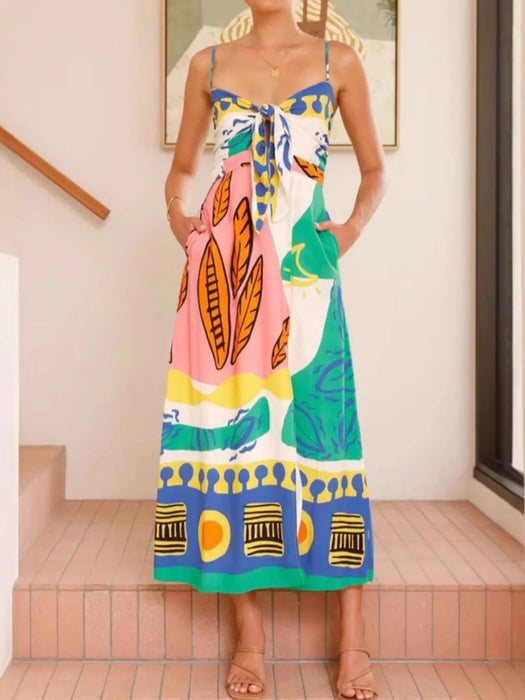 Tied Front Printed Slit Maxi Cami Dress - Byyde