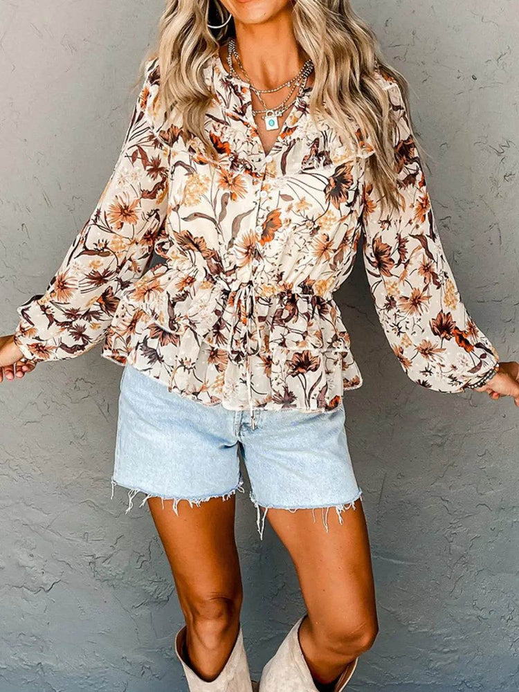 Drawstring Floral Lantern Sleeve Blouse - Byyde