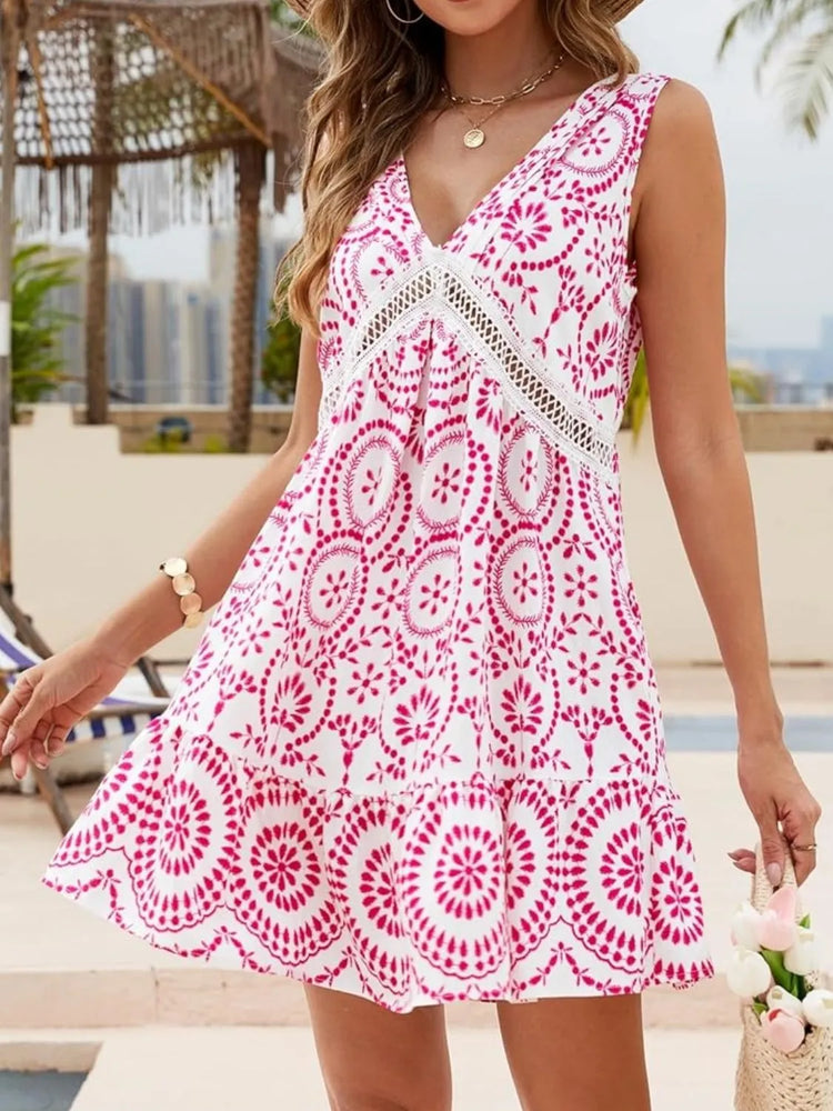 Printed V-Neck Sleeveless Mini Dress - Byyde