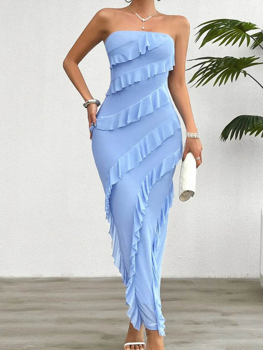Devine Ruffled Slit Back Tube Maxi Dress - Byyde
