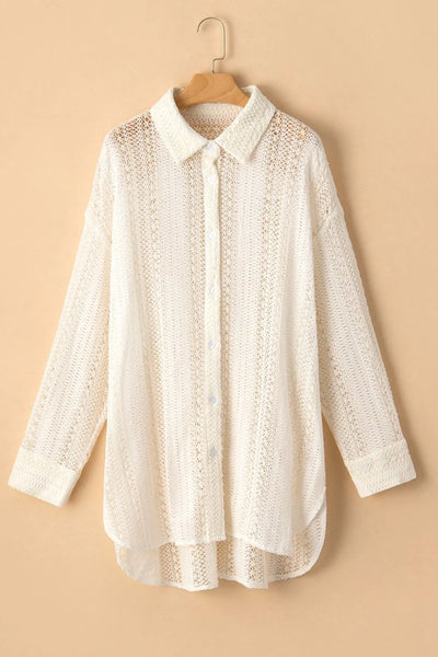 Lace Crochet Collared Neck Oversized Shirt - Byyde