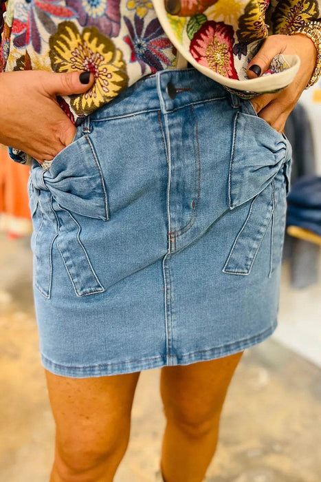 Acid Wash Bowknot Details High Waist Denim Skirt - Byyde