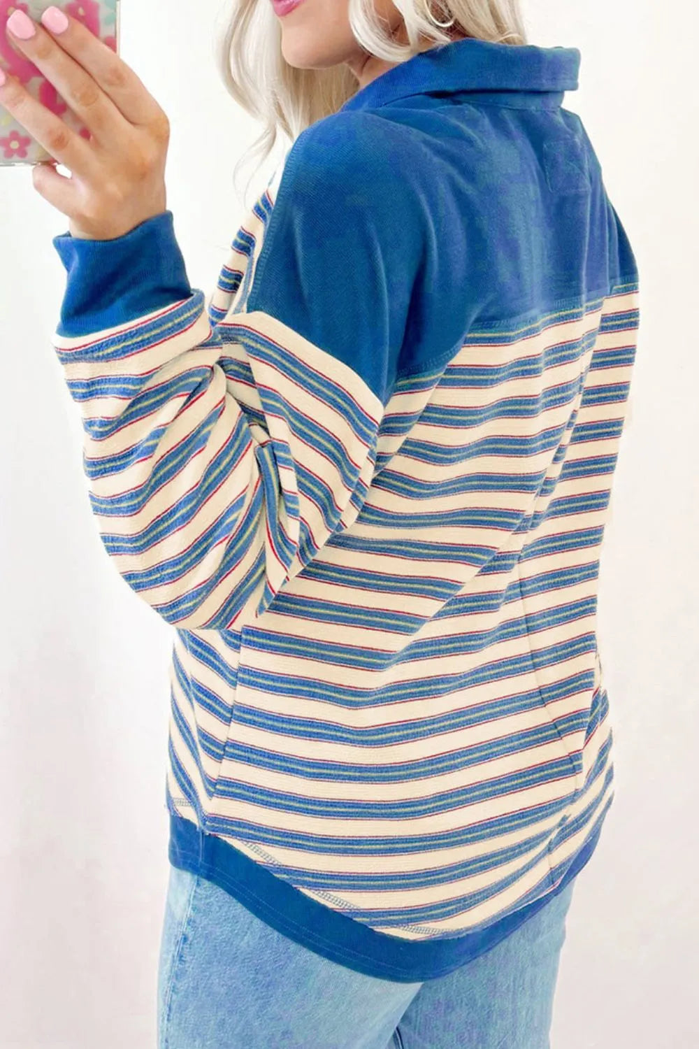 Striped Johnny Collar Long Sleeve Sweatshirt - Byyde