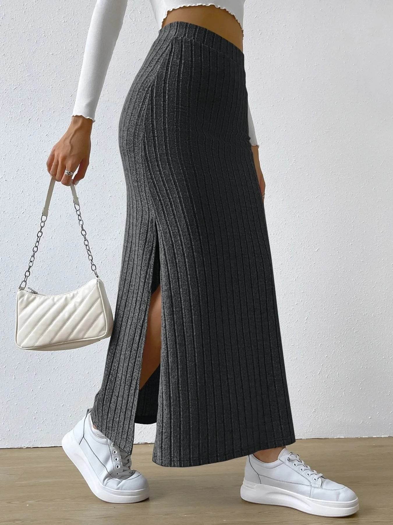 High Waist Ribbed Knit Maxi Skirt - Byyde
